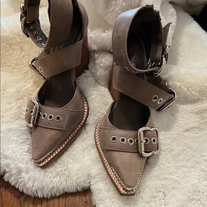 Jeffrey Campbell Taupe Pointed-Toe Buckle Strap Heels